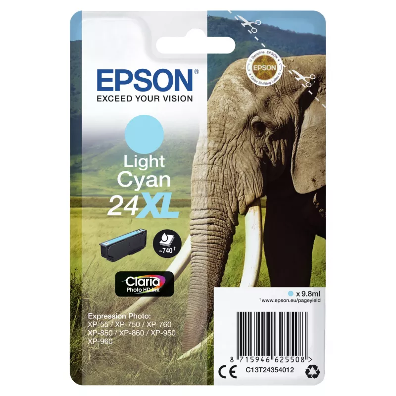Epson Elephant singlepack lichtcyaan 24XL Claria Photo HD inkt