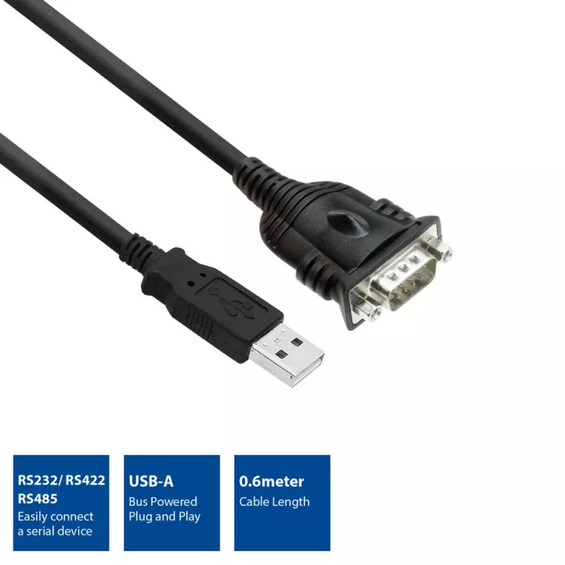 ACT 0,6 m USB-naar-serieel adapter, zwart, 0,6 m, USB Type-A, DB-9, stekker, stekker