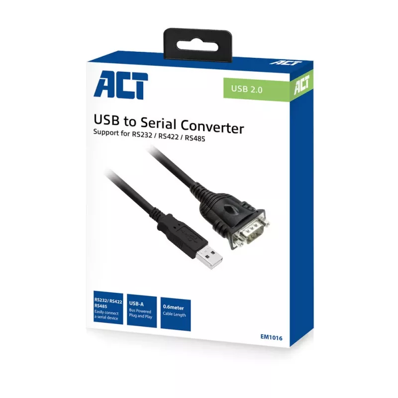 ACT 0,6 m USB-naar-serieel adapter, zwart, 0,6 m, USB Type-A, DB-9, stekker, stekker