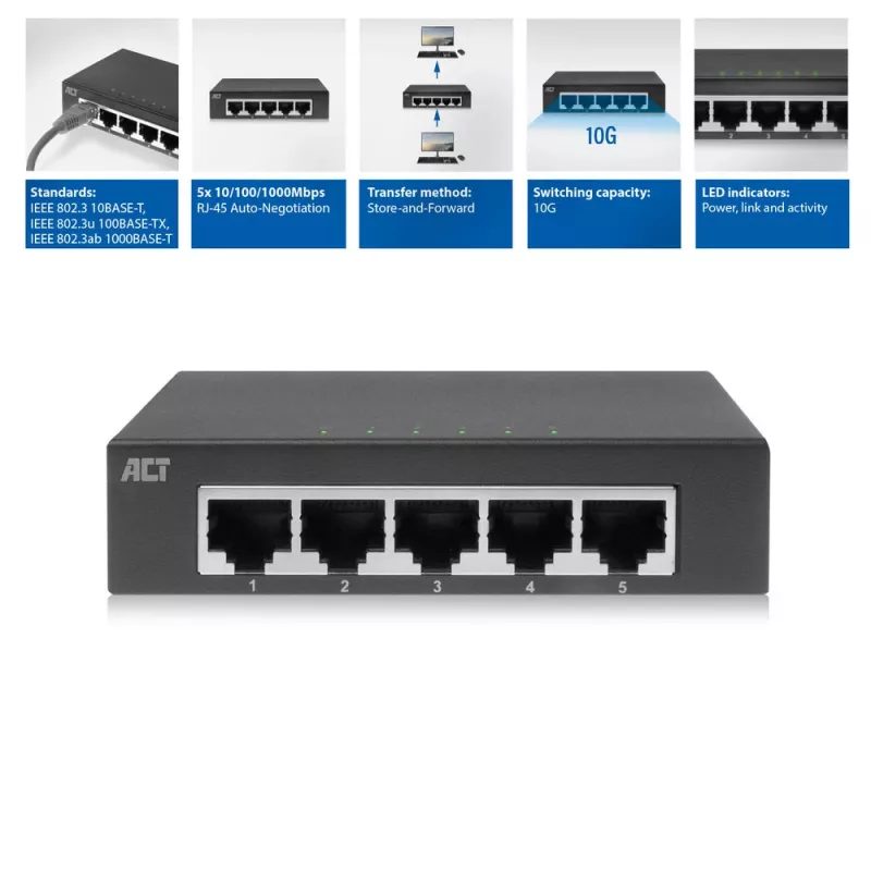 ACT AC4415 unmanaged switch Gigabit Ethernet 5 poorten 10 Gbit/s