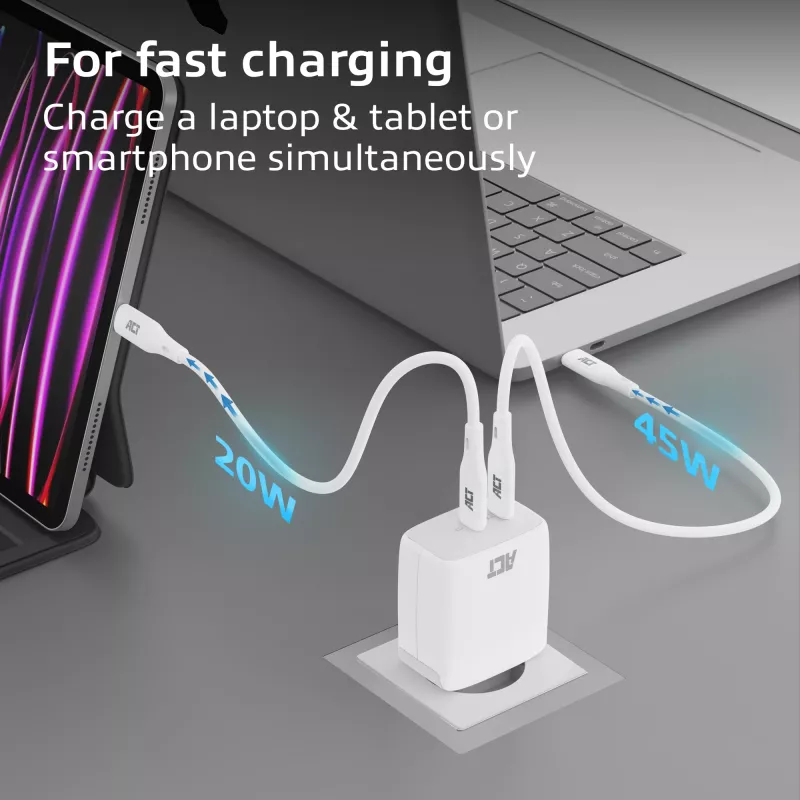 ACT USB-C-oplader 65W 2-poorts met Power Delivery PPS en GaNFast