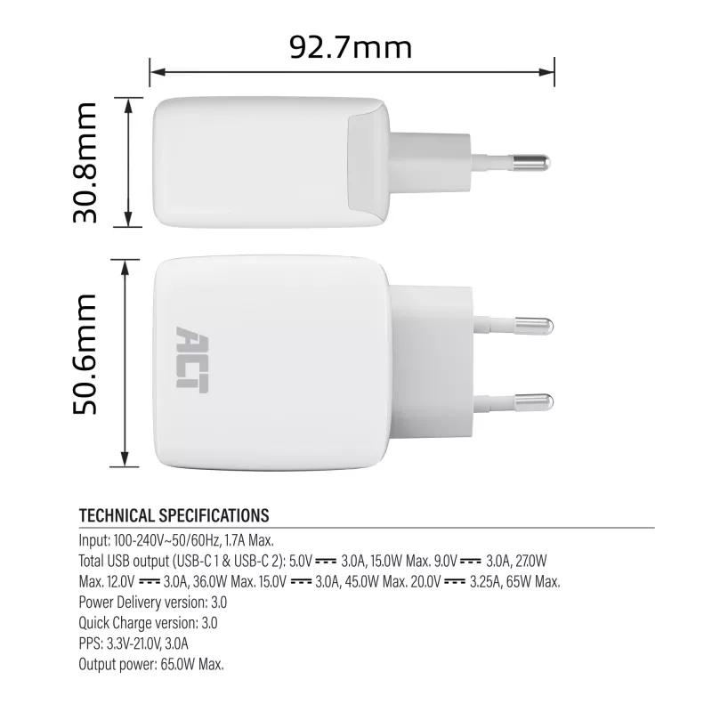 ACT USB-C-oplader 65W 2-poorts met Power Delivery PPS en GaNFast