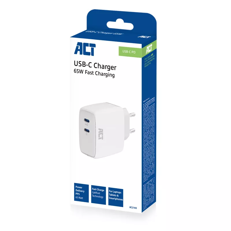 ACT USB-C-oplader 65W 2-poorts met Power Delivery PPS en GaNFast