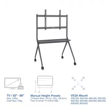 ACT Mobiele TV/Monitor-vloerstandaard, 50 inch tot 86 inch, VESA, 127 cm (50 inch), 2,18 m (86 inch), 200 x 200 mm, 800 x 600 mm, aluminium, kunststof, staal, grijs