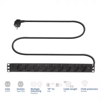 ACT verleng-PDU 19 inch CEE7/7 met 9 Type-F-stopcontacten, 3 m H05VV-F 3G1.5