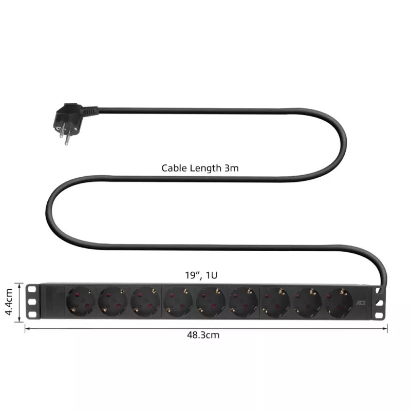 ACT verleng-PDU 19 inch CEE7/7 met 9 Type-F-stopcontacten, 3 m H05VV-F 3G1.5