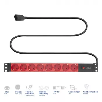 ACT PD3004 stroomverdeeleenheid 19 inch C14 IEC60320 met 8 Type-F-stopcontacten, 3 m H05VV-F 3G1.0, 230 V 10 A