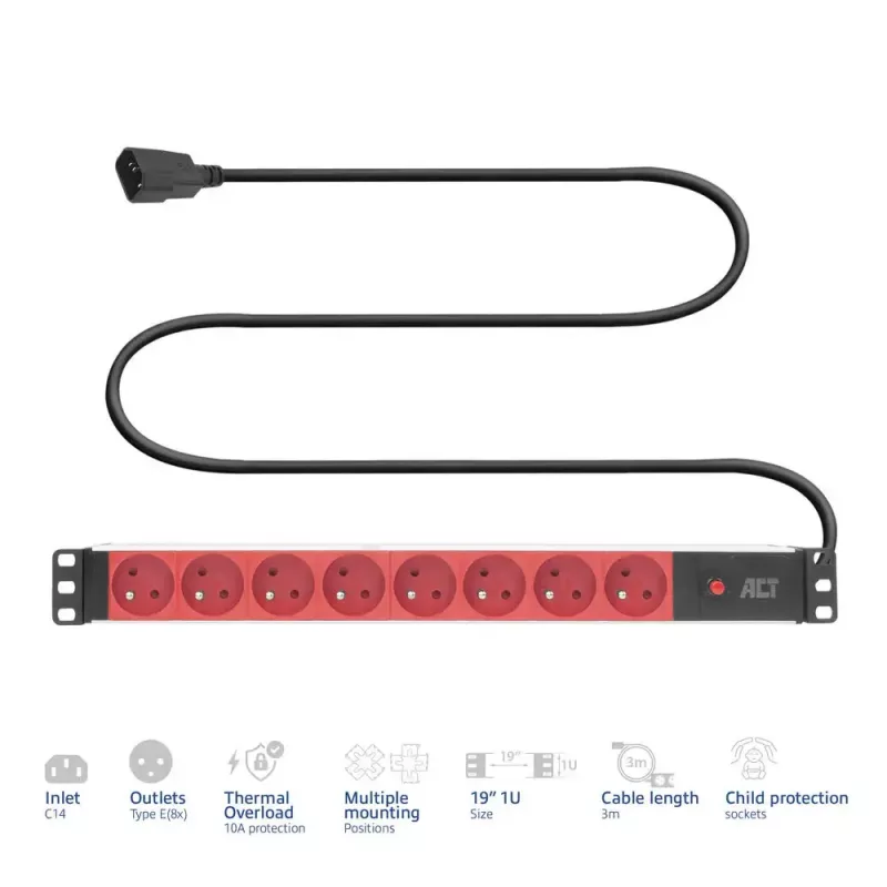 ACT PD3155 19-inch PDU, C14-ingang, 8x type E-stopcontacten, 3 m