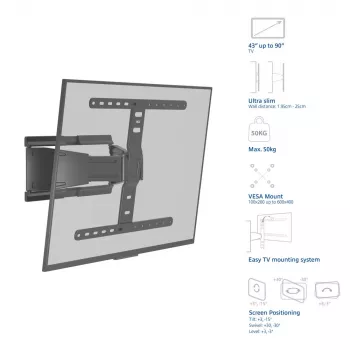 ACT AC8357 volledig beweegbare TV-muurbeugel voor 43 inch – 90 inch schermen, VESA 100x200 – 600x400, kanteling -15° – 3°, zwenkbereik ±30°, max. draaglast 50 kg, ultraplat