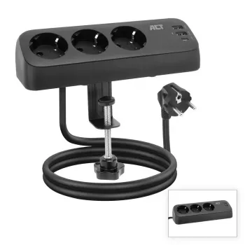 ACT bureau-stekkerdoos met 3 Type-F-stopcontacten, 30W Power Delivery, USB Type-C/A aansluitingen, kabellengte 1,5 meter