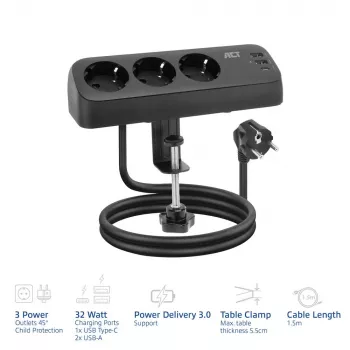 ACT bureau-stekkerdoos met 3 Type-F-stopcontacten, 30W Power Delivery, USB Type-C/A aansluitingen, kabellengte 1,5 meter