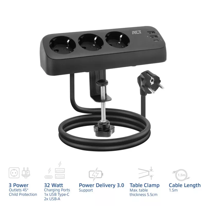 ACT bureau-stekkerdoos met 3 Type-F-stopcontacten, 30W Power Delivery, USB Type-C/A aansluitingen, kabellengte 1,5 meter