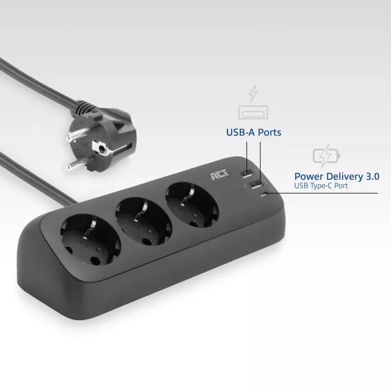 ACT bureau-stekkerdoos met 3 Type-F-stopcontacten, 30W Power Delivery, USB Type-C/A aansluitingen, kabellengte 1,5 meter