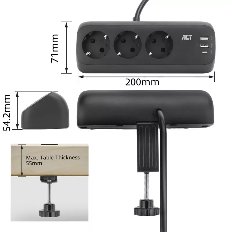 ACT bureau-stekkerdoos met 3 Type-F-stopcontacten, 30W Power Delivery, USB Type-C/A aansluitingen, kabellengte 1,5 meter