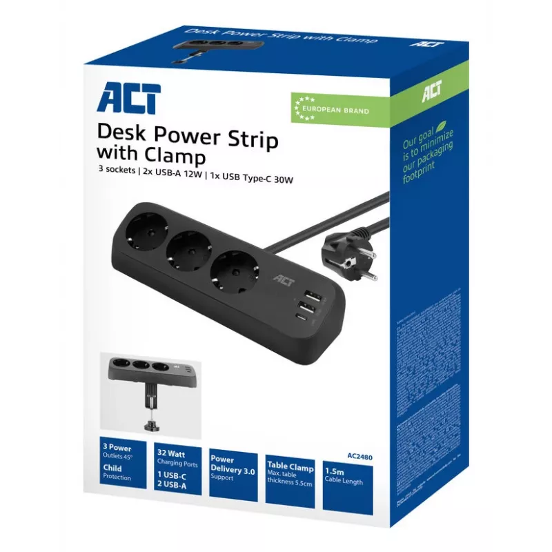 ACT bureau-stekkerdoos met 3 Type-F-stopcontacten, 30W Power Delivery, USB Type-C/A aansluitingen, kabellengte 1,5 meter