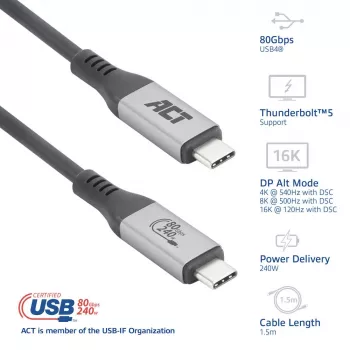 ACT USB4 80Gbps Thunderbolt 5 kabel 240W USB Type-C, USB-IF gecertificeerd, 1,5 meter