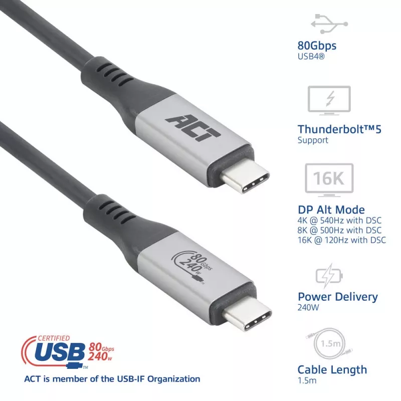 ACT USB4 80Gbps Thunderbolt 5 kabel 240W USB Type-C, USB-IF gecertificeerd, 1,5 meter