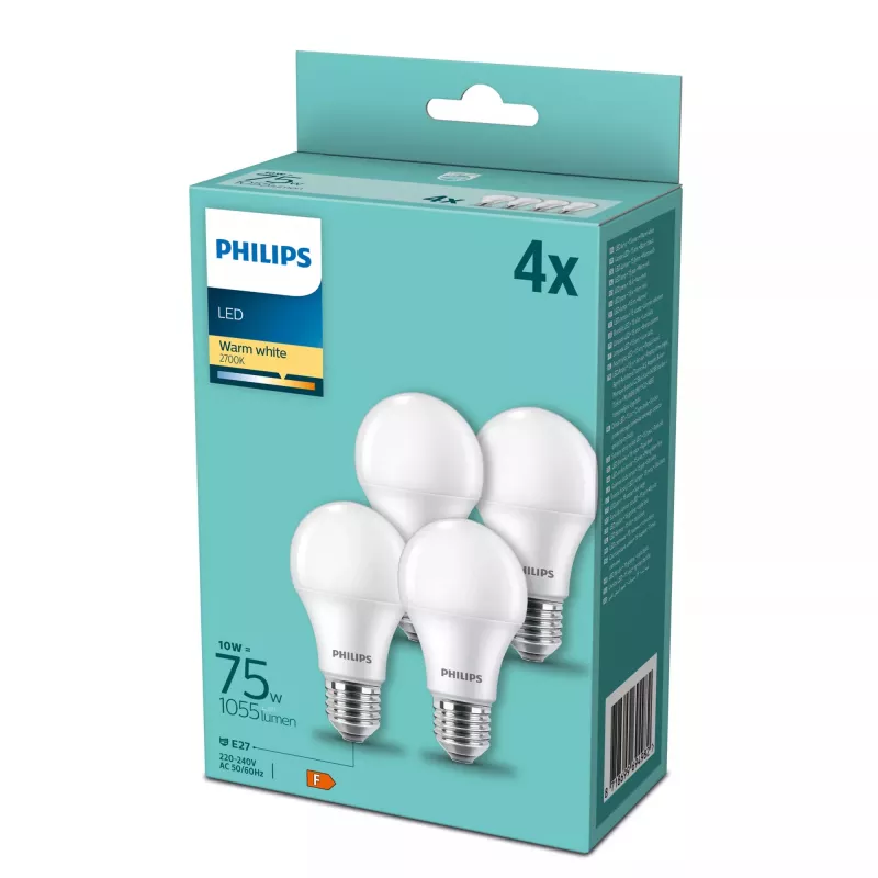 Philips LED-lamp E27 4-pack, 10 W (75 W equivalent), 2700 K