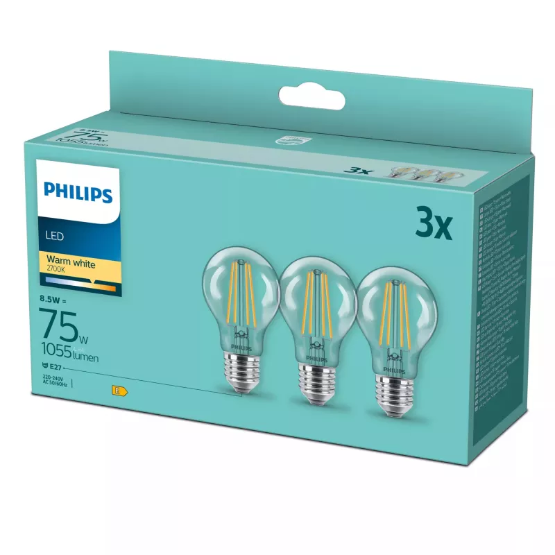Philips LED-filamentlamp E27 3-pack, 8,5 W (75 W equivalent), 2700 K