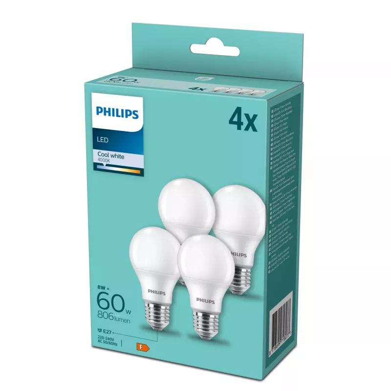 LED-lamp Philips E27 60W 4000K, 4-pack — E27 fitting, 4000K neutraalwit