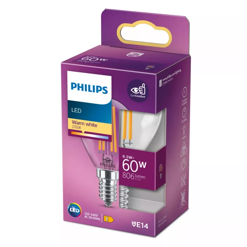 Philips Filament kaars helder 60W P45 E14 6,5W warmwit 806lm
