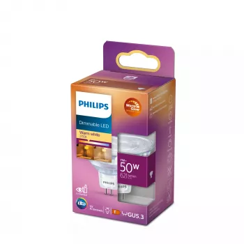 Spotlamp Philips MR16 GU5.3 7W (gelijk aan 50W), 621 lm, 2200K warmwit, 36° stralingshoek, CRI 80, 15000 h