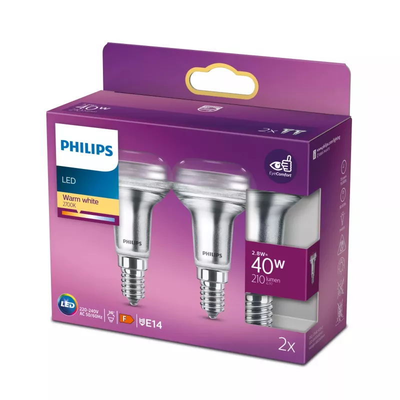 Philips Reflector 40W R50 E14 x2, 2,8 W, 40 W, E14, 210 lm, 15000 h, warmwit