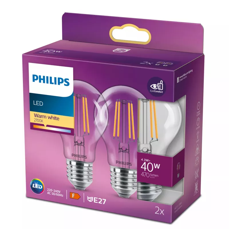 Philips filamentlamp helder 40W A60 E27 2-pack, 4,3 W, 40 W, E27, 470 lm, 15000 h, warmwit