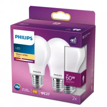 LED-filamentlamp Philips A60 E27 7W (komt overeen met 60W), 2700K, 806 lm, mat – 2-pack