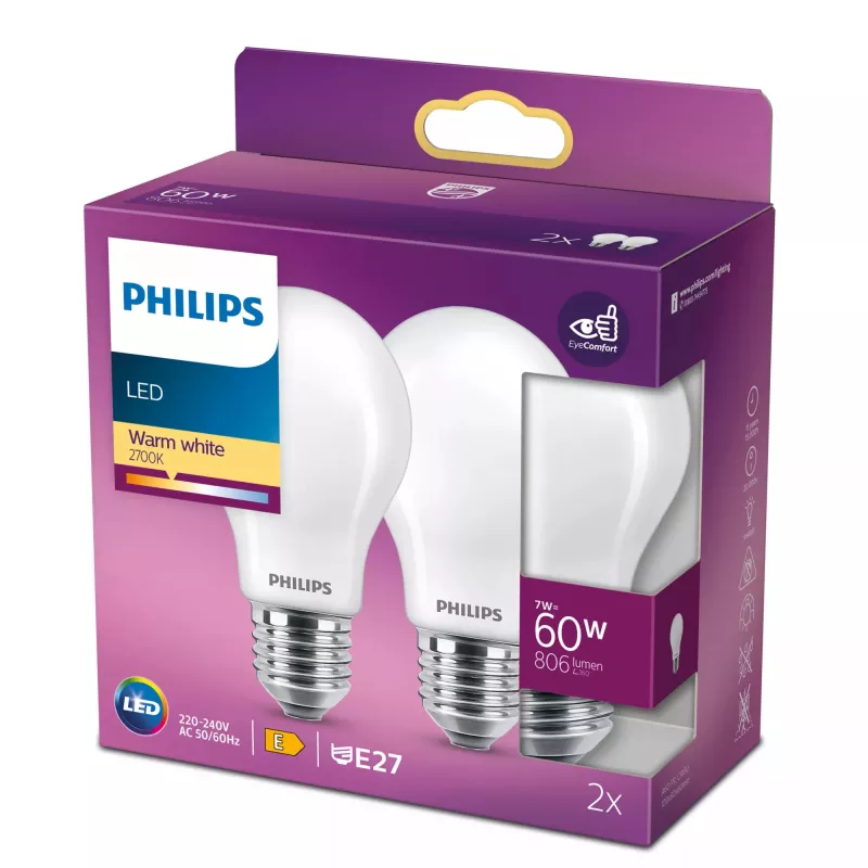 LED-filamentlamp Philips A60 E27 7W (komt overeen met 60W), 2700K, 806 lm, mat – 2-pack