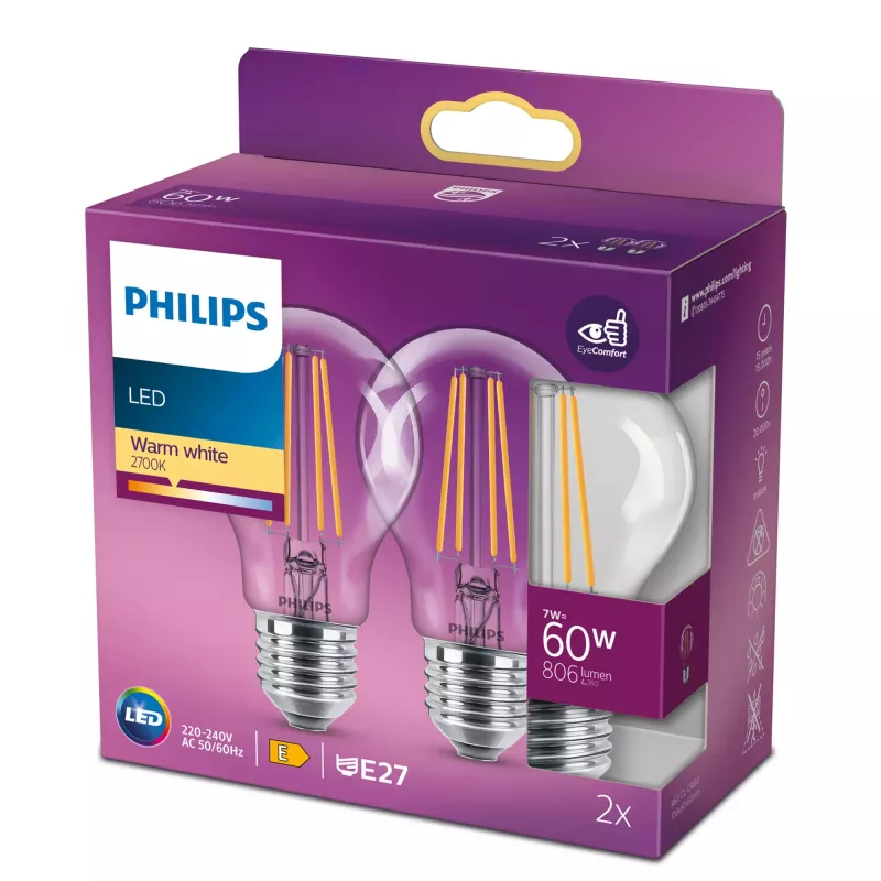 LED-filamentlamp Philips A60 7W (komt overeen met 60W) E27 helder 2700K 2-pack
