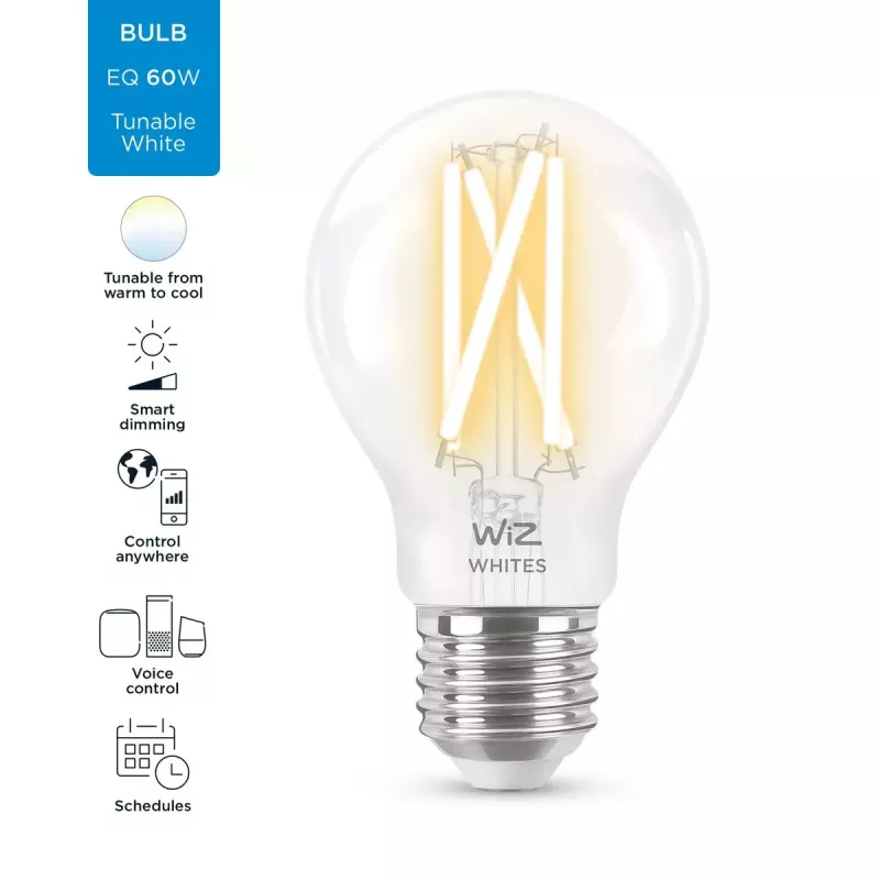 Slimme LED-filamentlamp WiZ A60 E27 7W (806 lm) helder, 220–240V