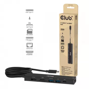 USB-C naar HDMI hub CLUB3D 7-in-1 — bekabeld, Gigabit Ethernet, zwart, 136×34×94,5 mm