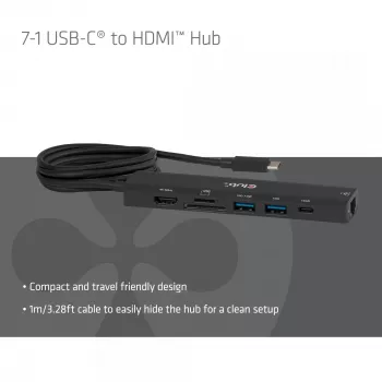 USB-C naar HDMI hub CLUB3D 7-in-1 — bekabeld, Gigabit Ethernet, zwart, 136×34×94,5 mm