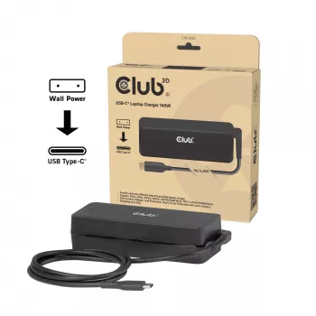 USB-C laptopoplader CLUB 3D 140W, netstroom, universele compatibiliteit, 1 m kabel, zwart