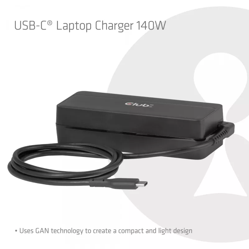 USB-C laptopoplader CLUB 3D 140W, netstroom, universele compatibiliteit, 1 m kabel, zwart