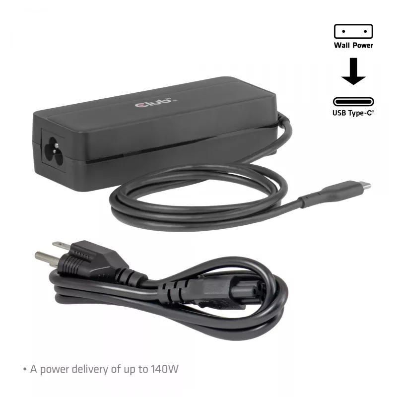 USB-C laptopoplader CLUB 3D 140W, netstroom, universele compatibiliteit, 1 m kabel, zwart