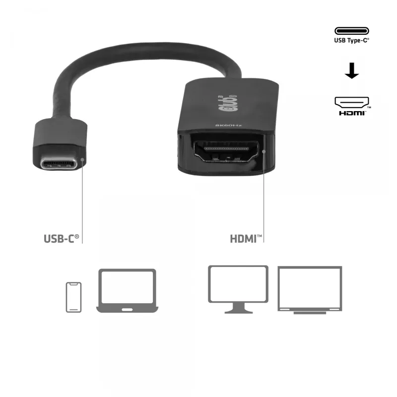 USB-C naar HDMI 2.1 adapter Club 3D CAC-2505 — 8K@60Hz, USB Type-C naar HDMI + USB, 0,12 m