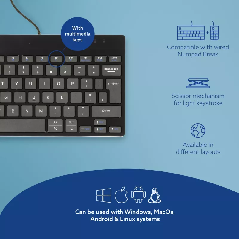 R-Go Tools ergonomisch toetsenbord R-Go Compact Break, compact toetsenbord met pauzesoftware, QWERTY (UK), bekabeld, zwart