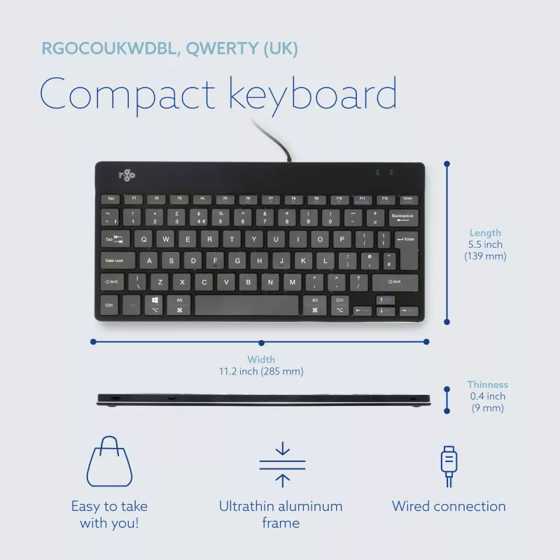 R-Go Tools ergonomisch toetsenbord R-Go Compact Break, compact toetsenbord met pauzesoftware, QWERTY (UK), bekabeld, zwart