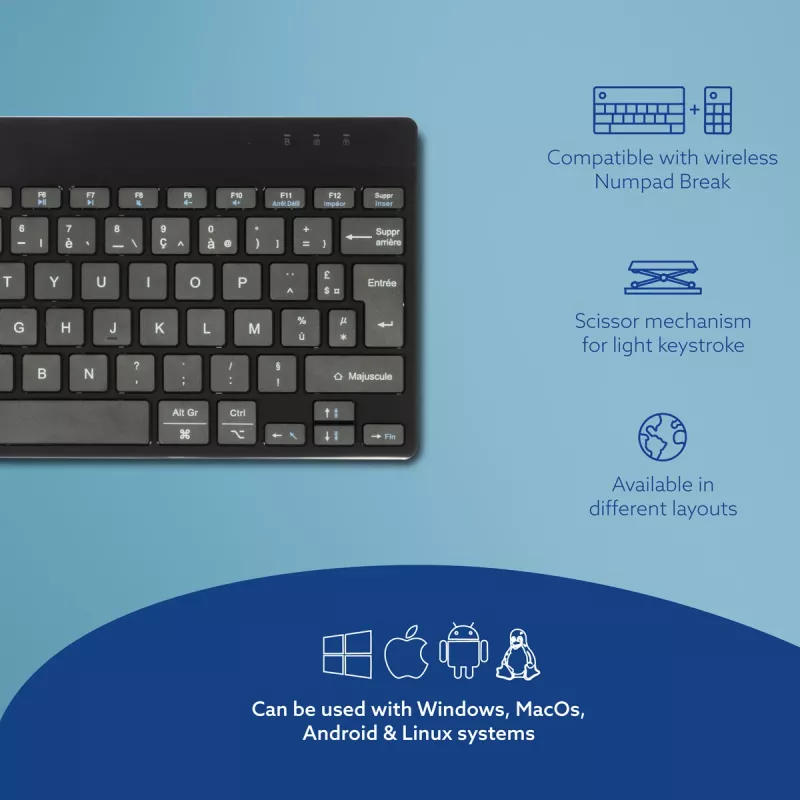 Ergonomisch toetsenbord R-Go Tools R-Go Compact Break, compact toetsenbord met pauzesoftware, AZERTY (FR), Bluetooth, zwart