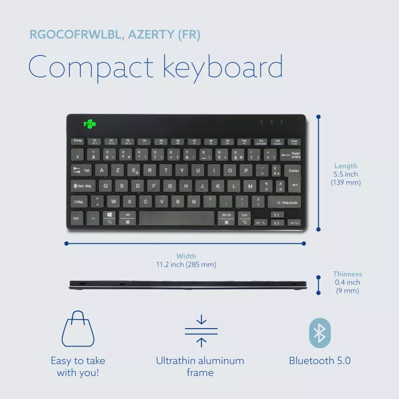 Ergonomisch toetsenbord R-Go Tools R-Go Compact Break, compact toetsenbord met pauzesoftware, AZERTY (FR), Bluetooth, zwart