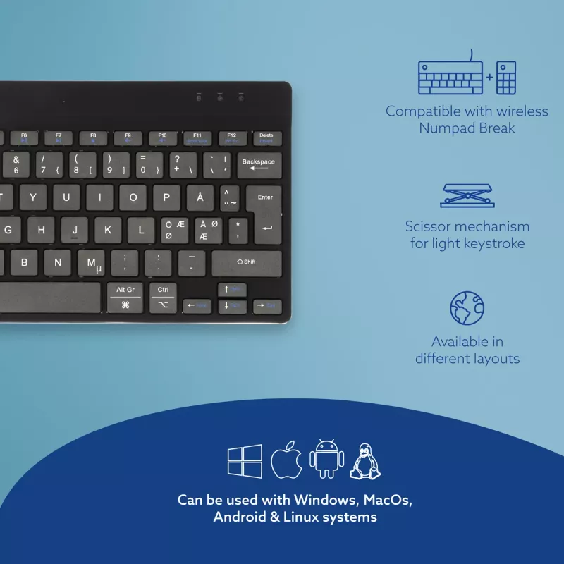 R-Go Tools ergonomisch toetsenbord R-Go Compact Break, compact toetsenbord met Break-software, QWERTY (NORDIC), Bluetooth, zwart
