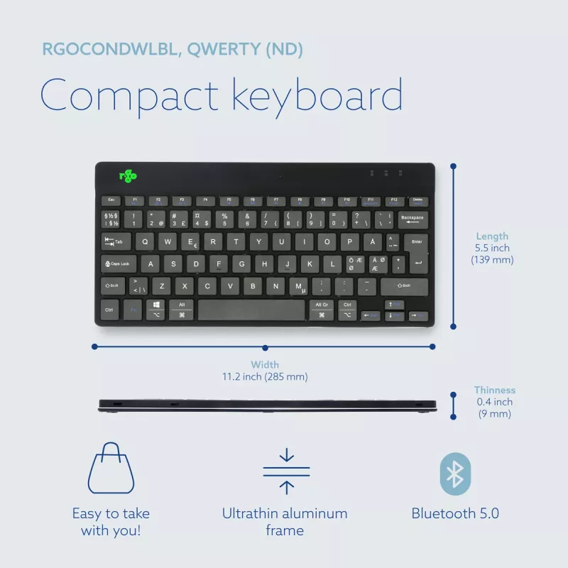 R-Go Tools ergonomisch toetsenbord R-Go Compact Break, compact toetsenbord met Break-software, QWERTY (NORDIC), Bluetooth, zwart