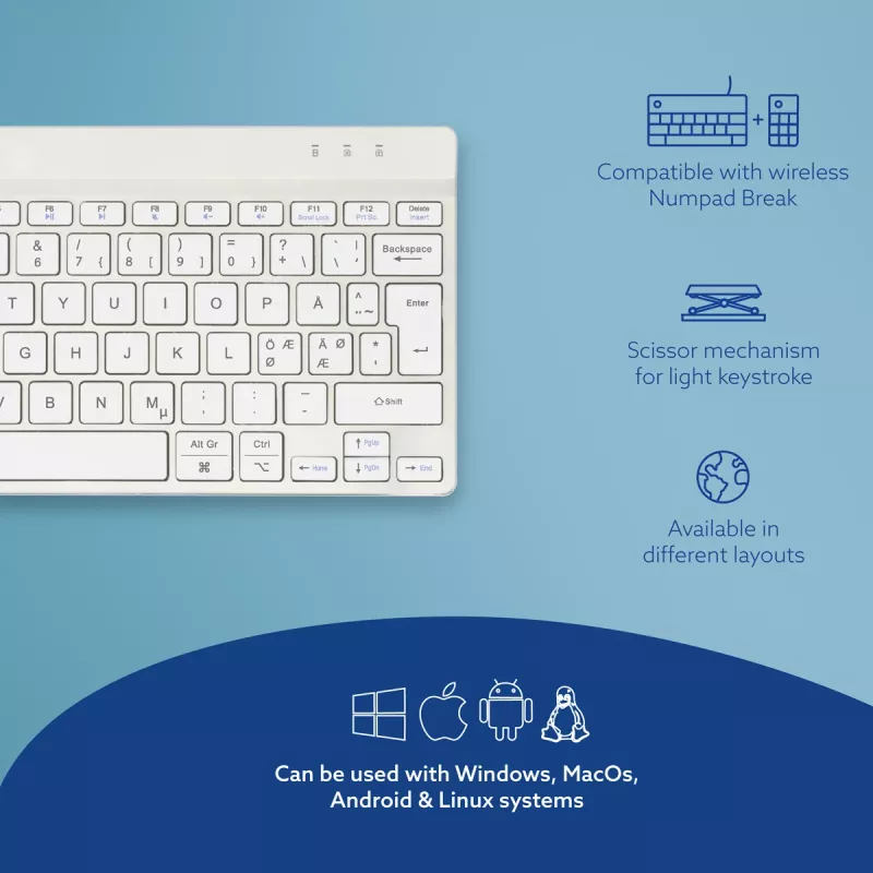 R-Go Tools ergonomisch toetsenbord R-Go Compact Break, compact toetsenbord met pauzesoftware, QWERTY (NORDIC), Bluetooth, wit