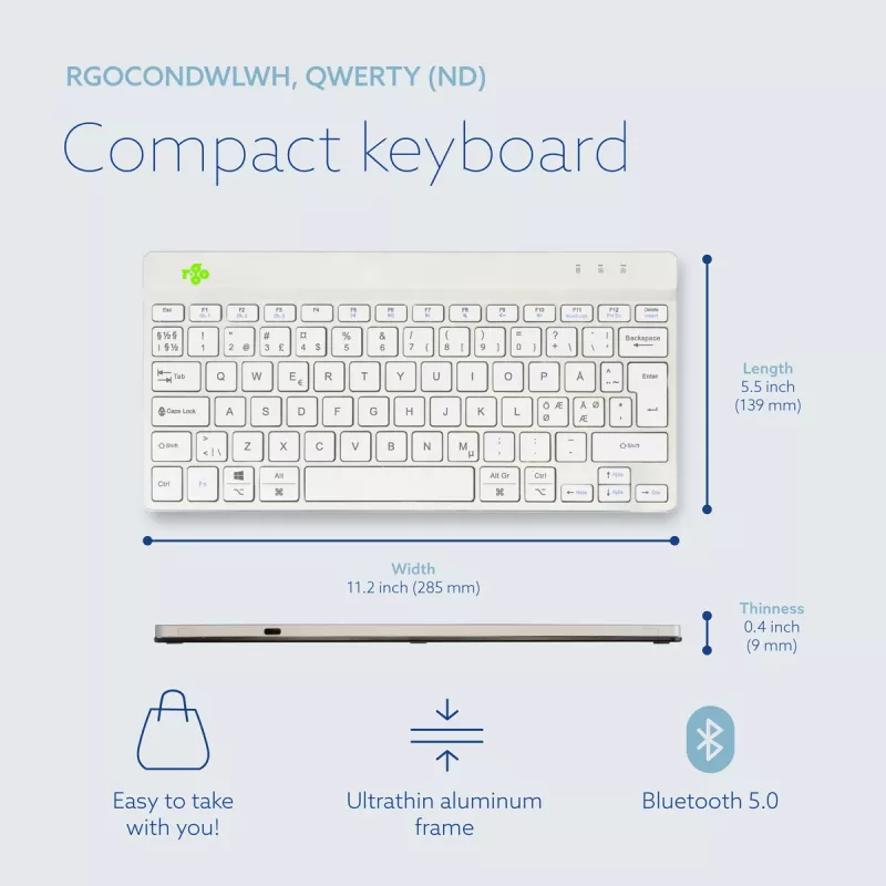 R-Go Tools ergonomisch toetsenbord R-Go Compact Break, compact toetsenbord met pauzesoftware, QWERTY (NORDIC), Bluetooth, wit