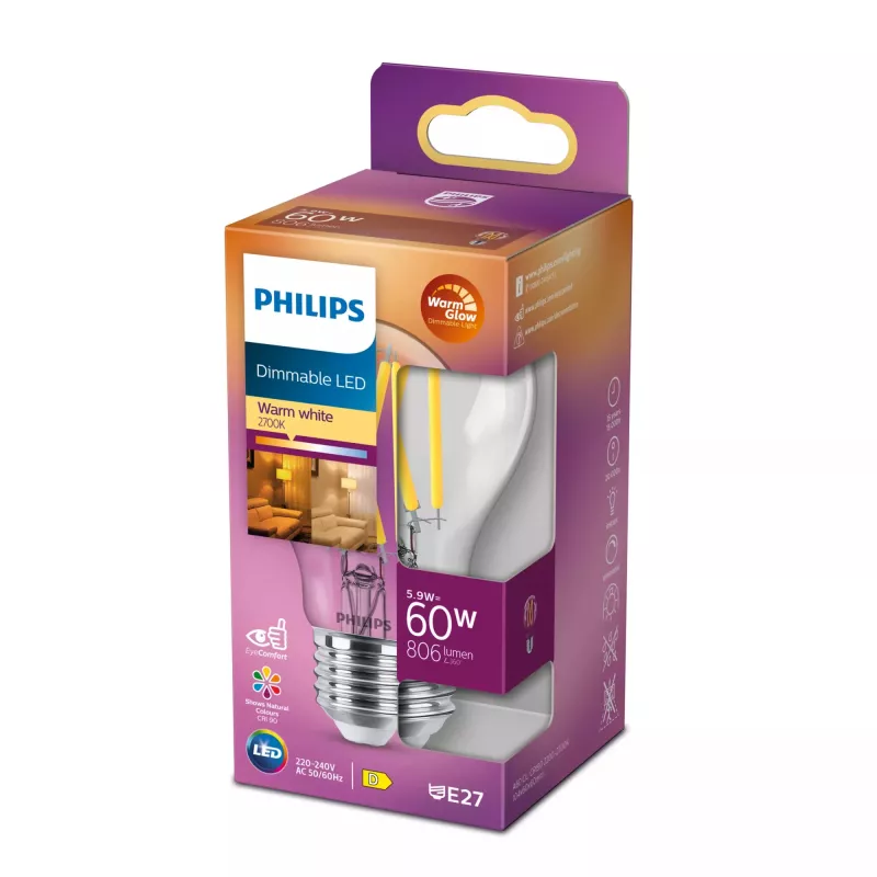 Philips filamentlamp helder 60W A60 E27, 5,9 W, 60 W, E27, 806 lm, 15000 h, warme gloed