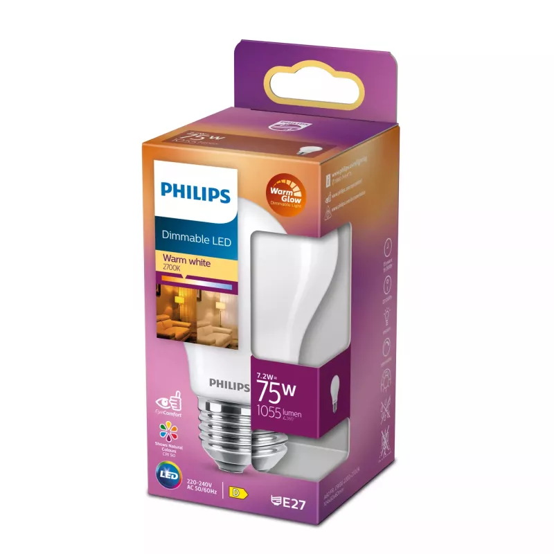 Philips filamentlamp mat 75 W A60 E27, 7,2 W, 75 W, E27, 1055 lm, 15000 h, warme gloed