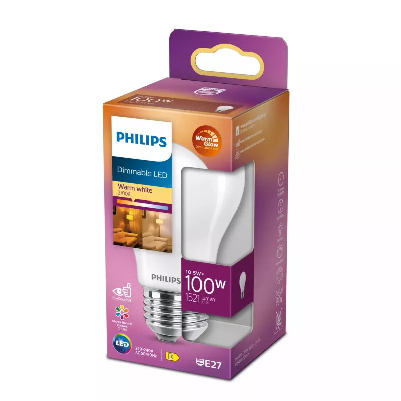 Philips filamentlamp mat 100W A60 E27, 10,5 W, 100 W, E27, 1521 lm, 15000 h, warme gloed