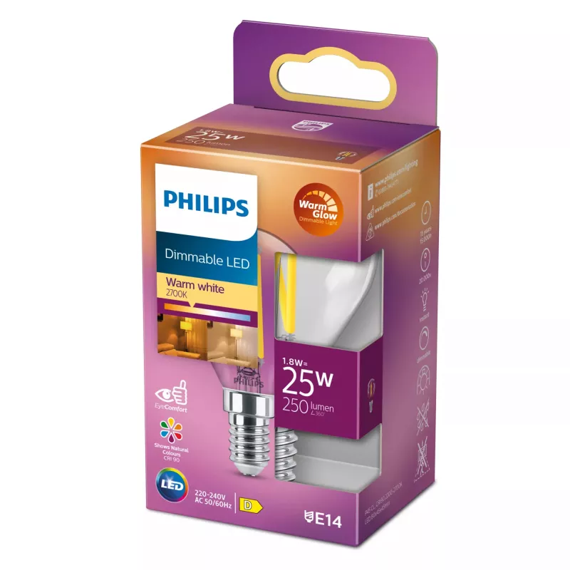 Philips filamentlamp kaars helder 25W P45 E14, 2,5 W, 25 W, E14, 340 lm, 15000 h, warme gloed